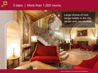 Aix-en-Provence, la Provence par excellence
3 stars | More than 1,000 rooms
Large choice of mid-
range hotels in Aix city
center and countryside
 