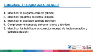 32
1. Identificar la pregunta correcta (clínica)
2. Identificar los datos correctos (clínicos)
3. Identificar el asociado correcto (técnico)
4. Comprender el concepto correcto (clínico y técnico)
5. Identificar los habilitadores correctos (equipo de implementación y
comercialización)
Estructura 5 Reglas del AI en Salud
 