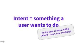Intent = something a
user wants to do
Quick test: is this a VERB
(inform, book_trip, confirm)?
 