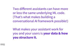 Two diﬀerent assistants can have more
or less the same underlying ML code.
(That’s what makes building a
conversational AI framework possible!)
What makes your assistant work for
you and your users is your data & how
you structure it.
 