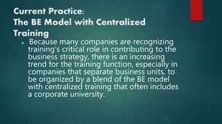 Current Practice:
The BE Model with Centralized
Training
 Because many companies are recognizing
training’s critical role in contributing to the
business strategy, there is an increasing
trend for the training function, especially in
companies that separate business units, to
be organized by a blend of the BE model
with centralized training that often includes
a corporate university.
 