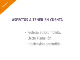 ASPECTOS A TENER EN CUENTA


      -  Profecía autocumplida.
      -  Efecto Pigmalión.
      -  Indefensión aprendida.
 