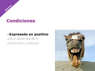 Condiciones


 Expresado   en positivo
 Que dependa de ti
 Concreto y preciso
 