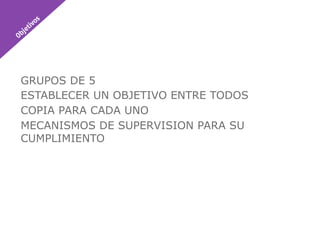 GRUPOS DE 5
ESTABLECER UN OBJETIVO ENTRE TODOS
COPIA PARA CADA UNO
MECANISMOS DE SUPERVISION PARA SU
CUMPLIMIENTO
 