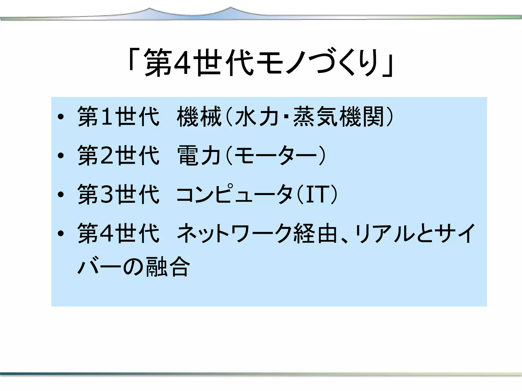 「第4世代モノづくり」
• 第1世代 機械（水力・蒸気機関）
• 第2世代 電力（モーター）
• 第3世代 コンピュータ（IT）
• 第4世代 ネットワーク経由、リアルとサイ
バーの融合
 