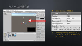 ? Main CameraȤ`
? GazeControlsȤϣ
1. [Clipping Planes]-[Near]0.1
ˉơŤƤ軭Ǥ
褦ˤޤ
ץѥƥ 
Position 0,0,0
Clear Flags Solid Color
Background Black
Clipping Planes 0.85
GazeControls
? ޥ`ܩ`ɡ`ѥåȤ
ΥƄӣҕƄӤ˱ҪO
1
 