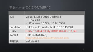 IDE Visual Studio 2015 Update 3
? Tools 1.4
? Windows 10 SDK 10.0.10586
Emulator HoloLens Emulator build 10.0.14393.0
Unity Unity 5.5.0p4 (Unity¤5.5.1p4)
Toolkit HoloToolkit-Unity
https://github.com/Microsoft/HoloToolkit-Unity
AR Vuforia 6.1
5
 