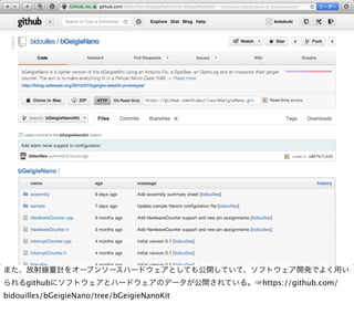 また、放射線量計をオープンソースハードウェアとしても公開していて、ソフトウェア開発でよく用い
られるgithubにソフトウェアとハードウェアのデータが公開されている。☞https://github.com/
bidouilles/bGeigieNano/tree/bGeigieNanoKit
 