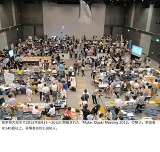 岐阜県大垣市で2012年8月25∼26日に開催された「Make: Ogaki Meeting 2012」の様子。参加者
は140組以上、来場者は約5,000人。
 