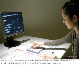 写真提供：ICC

当時、まだまだハードルの高かったPCの中と物理的な世界のギャップを埋め、画面の中とマウス、
キーボードに留まらないインタラクションをデザインするためのツールキット。
 