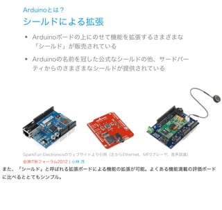 Arduinoとは？

    シールドによる拡張
    •   Arduinoボードの上にのせて機能を拡張するさまざまな
        「シールド」が販売されている

    •   Arduinoの名前を冠した公式なシールドの他、サードパー
        ティからのさまざまなシールドが提供されている




    SparkFun Electronicsのウェブサイトより引用（左からEthernet、MP3プレーヤ、音声認識）
    会津IT秋フォーラム2012 ¦ 小林 茂
また、「シールド」と呼ばれる拡張ボードによる機能の拡張が可能。よくある機能満載の評価ボード
に比べるととてもシンプル。
 