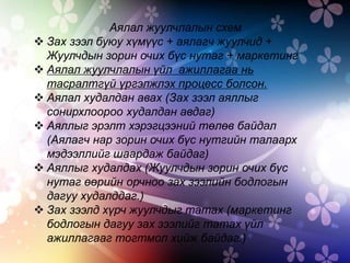 Аялал жуулчлалын схем
 Зах зээл буюу хүмүүс + аялагч жуулчид +
Жуулчдын зорин очих бүс нутаг + маркетинг
 Аялал жуулчлалын үйл ажиллагаа нь
тасралтгүй үргэлжлэх процесс болсон.
 Аялал худалдан авах (Зах зээл аяллыг
сонирхлоороо худалдан авдаг)
 Аяллыг эрэлт хэрэгцээний төлөв байдал
(Аялагч нар зорин очих бүс нутгийн талаарх
мэдээллийг шаардаж байдаг)
 Аяллыг худалдах (Жуулчдын зорин очих бүс
нутаг өөрийн орчноо зах зээлийн бодлогын
дагуу худалддаг.)
 Зах зээлд хүрч жуулчдыг татах (маркетинг
бодлогын дагуу зах зээлийг татах үйл
ажиллагааг тогтмол хийж байдаг.)
 