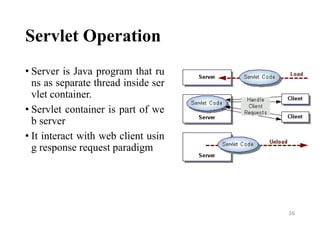 Servlet Operation
• Server is Java program that ru
ns as separate thread inside ser
vlet container.
• Servlet container is part of we
b server
• It interact with web client usin
g response request paradigm
16
 