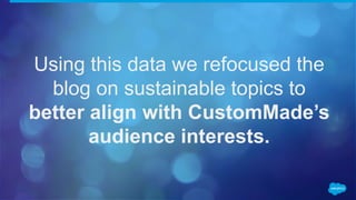 Using this data we refocused the
blog on sustainable topics to
better align with CustomMade’s
audience interests.
 