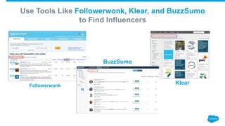 Use Tools Like Followerwonk, Klear, and BuzzSumo
to Find Influencers
Followerwonk
BuzzSumo
Klear
 
