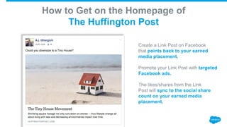 How to Get on the Homepage of
The Huffington Post
Create a Link Post on Facebook
that points back to your earned
media placement.
Promote your Link Post with targeted
Facebook ads.
The likes/shares from the Link
Post will sync to the social share
count on your earned media
placement.
 