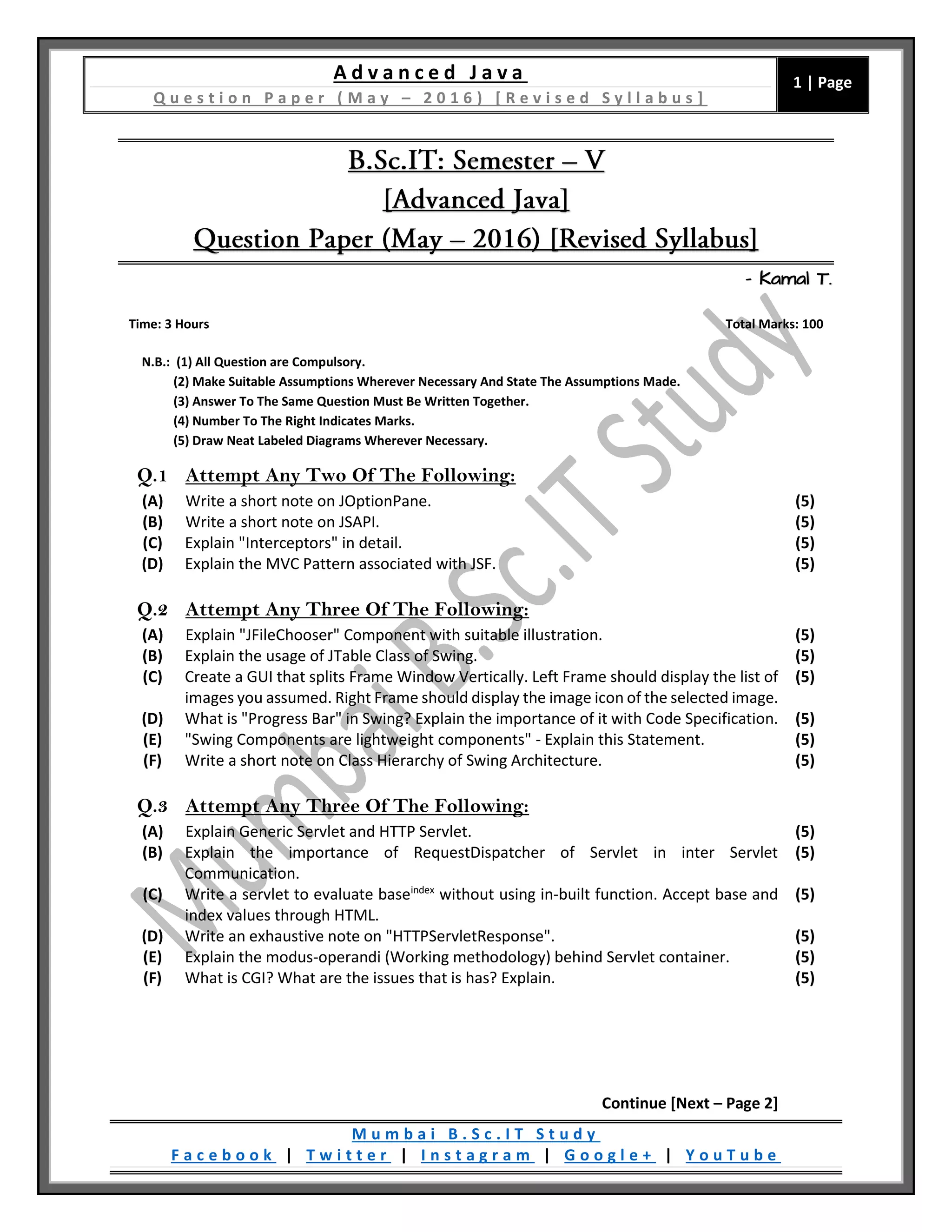 Advanced Java (Revised Syllabus) [QP / May - 2016] | PDF