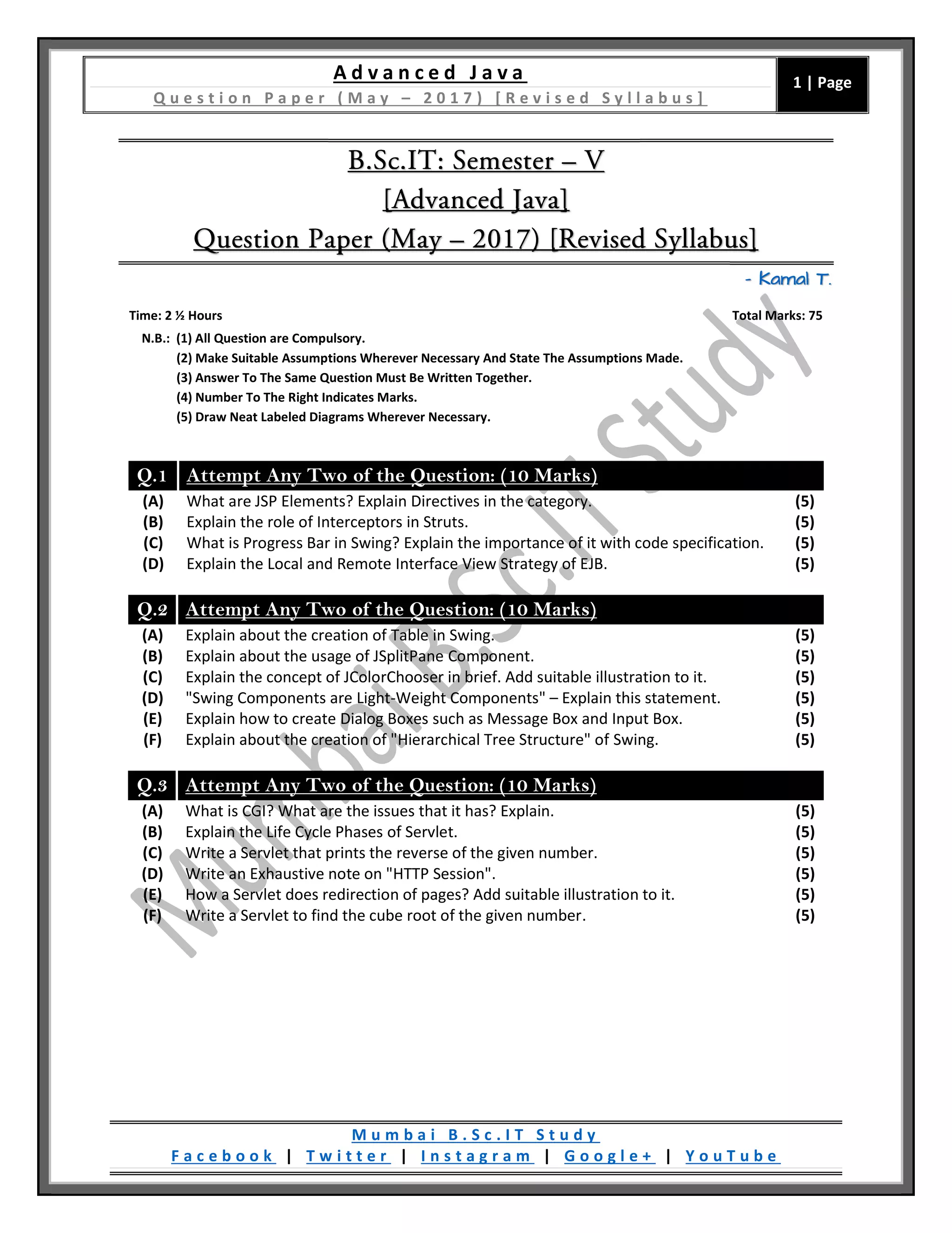 Advanced Java (Revised Syllabus) [QP / May - 2017] | PDF