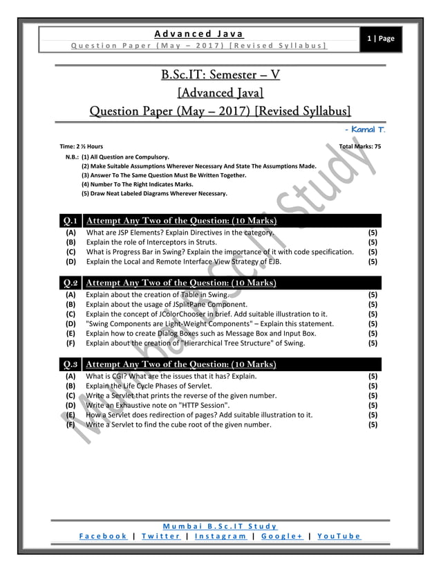 Advanced Java (Revised Syllabus) [QP / May - 2017] | PDF