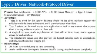 Type 3 Driver: Network-Protocol Driver
• Process: Java Application → JDBC APIs → JDBC Driver Manager → Type 3 Driver →
Middleware(Server)→ any Database
• Advantage:
i. There is no need for the vendor database library on the client machine because the
middleware is database independent and it communicates with client.
ii. Type 3 driver can be used in any web application as well as on internet also because
there is no any software require at client side.
iii. A single driver can handle any database at client side so there is no need a separate
driver for each database.
iv. The middleware server can also provide the typical services such as connections,
auditing, load balancing, logging etc.
• Disadvantage:
i. An Extra layer added, may be time consuming.
ii. At the middleware develop the database specific coding, may be increase complexity.
 