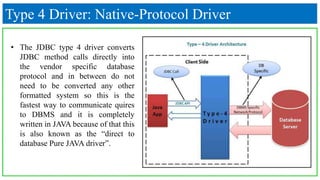 Type 4 Driver: Native-Protocol Driver
• The JDBC type 4 driver converts
JDBC method calls directly into
the vendor specific database
protocol and in between do not
need to be converted any other
formatted system so this is the
fastest way to communicate quires
to DBMS and it is completely
written in JAVA because of that this
is also known as the “direct to
database Pure JAVA driver”.
 