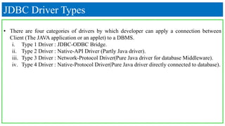 JDBC Driver Types
• There are four categories of drivers by which developer can apply a connection between
Client (The JAVA application or an applet) to a DBMS.
i. Type 1 Driver : JDBC-ODBC Bridge.
ii. Type 2 Driver : Native-API Driver (Partly Java driver).
iii. Type 3 Driver : Network-Protocol Driver(Pure Java driver for database Middleware).
iv. Type 4 Driver : Native-Protocol Driver(Pure Java driver directly connected to database).
 