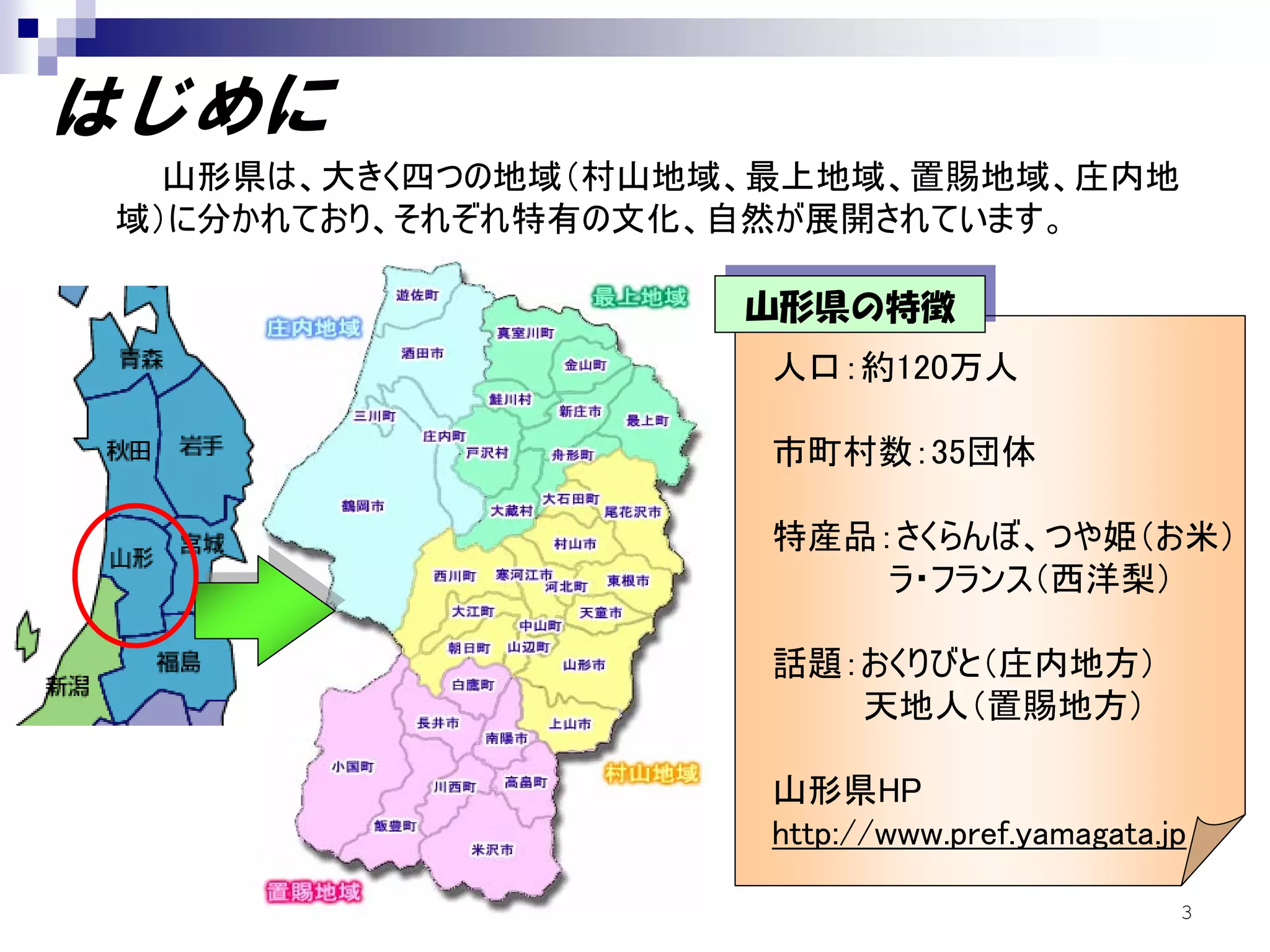 はじめに
  山形県は、大きく四つの地域（村山地域、最上地域、置賜地域、庄内地
域）に分かれており、それぞれ特有の文化、自然が展開されています。

                    山形県の特徴
                    山形県の特徴
                    人口：約120万人

                    市町村数：35団体

                    特産品：さくらんぼ、つや姫（お米）
                        ラ・フランス（西洋梨）

                    話題：おくりびと（庄内地方）
                       天地人（置賜地方）

                    山形県HP
                    http://www.pref.yamagata.jp

                                              3
 