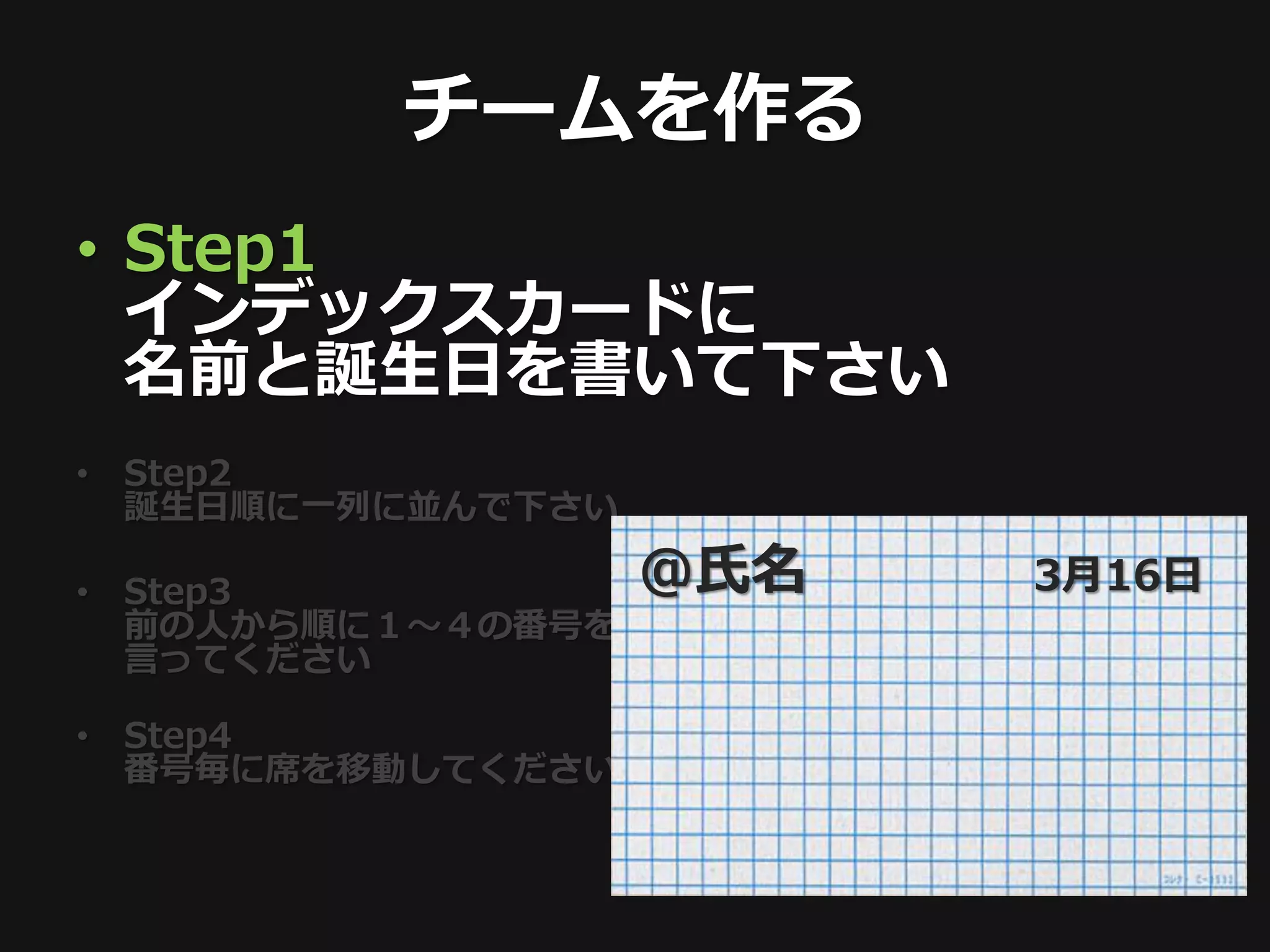 チームを作る
• Step1
  インデックスカードに
  名前と誕生日を書いて下さい
• Step2
  誕生日順に一列に並んで下さい

• Step3            @氏名   3月16日
  前の人から順に１〜４の番号を
  言ってください

• Step4
  番号毎に席を移動してください
 