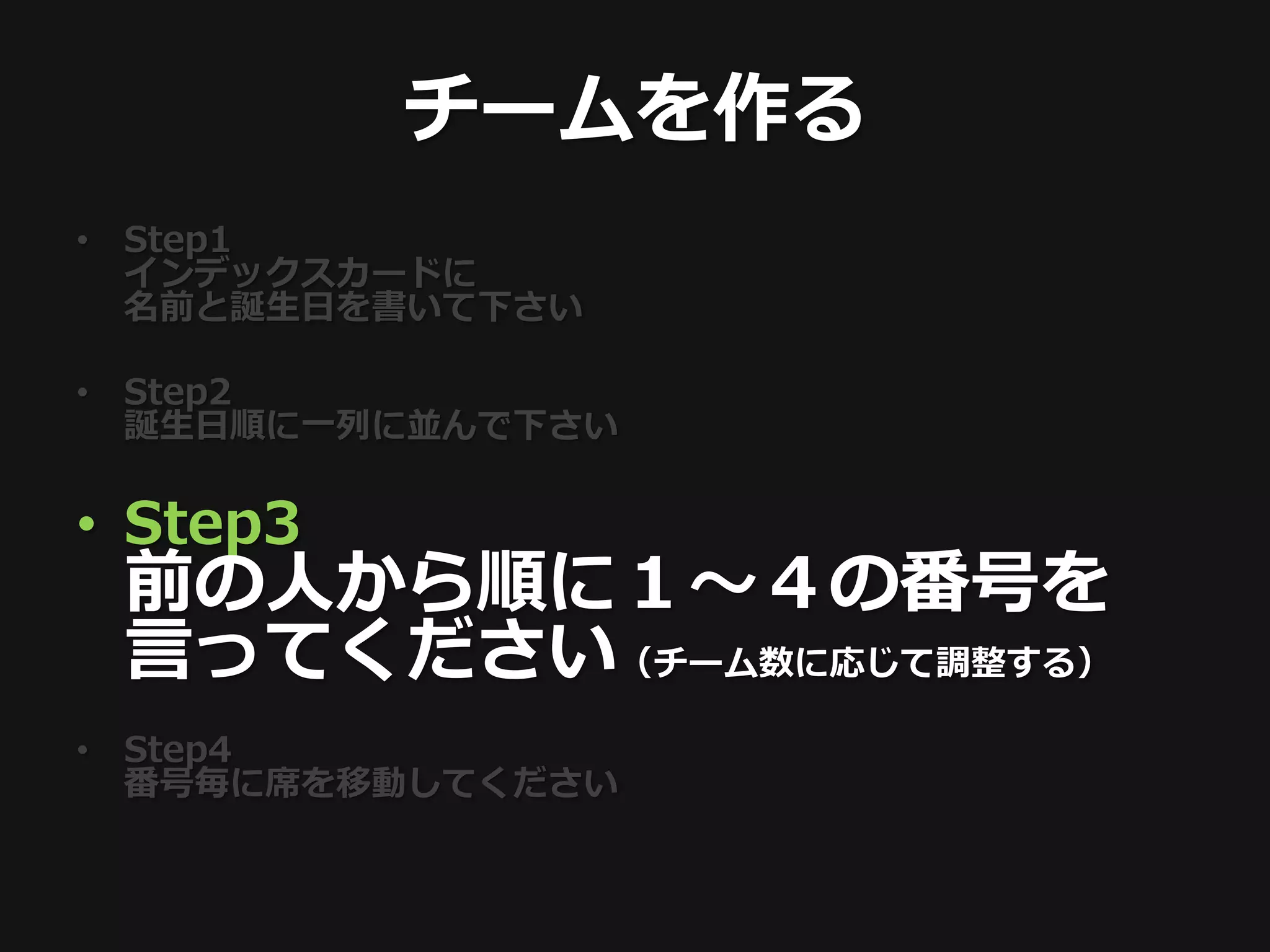 チームを作る
• Step1
  インデックスカードに
  名前と誕生日を書いて下さい

• Step2
  誕生日順に一列に並んで下さい

• Step3
 前の人から順に１〜４の番号を
 言ってください（チーム数に応じて調整する）
• Step4
  番号毎に席を移動してください
 