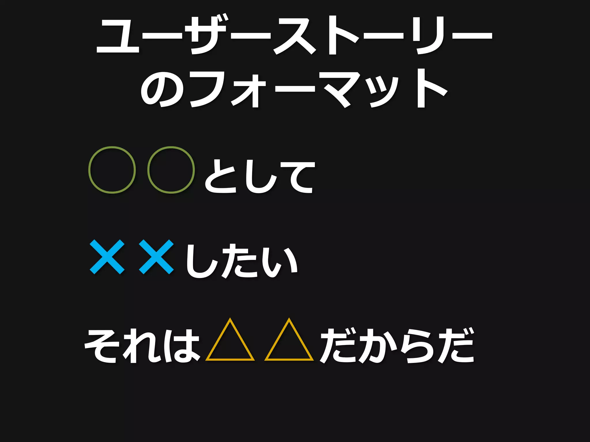 ユーザーストーリー
 のフォーマット
○○として
××したい
それは△△だからだ
 