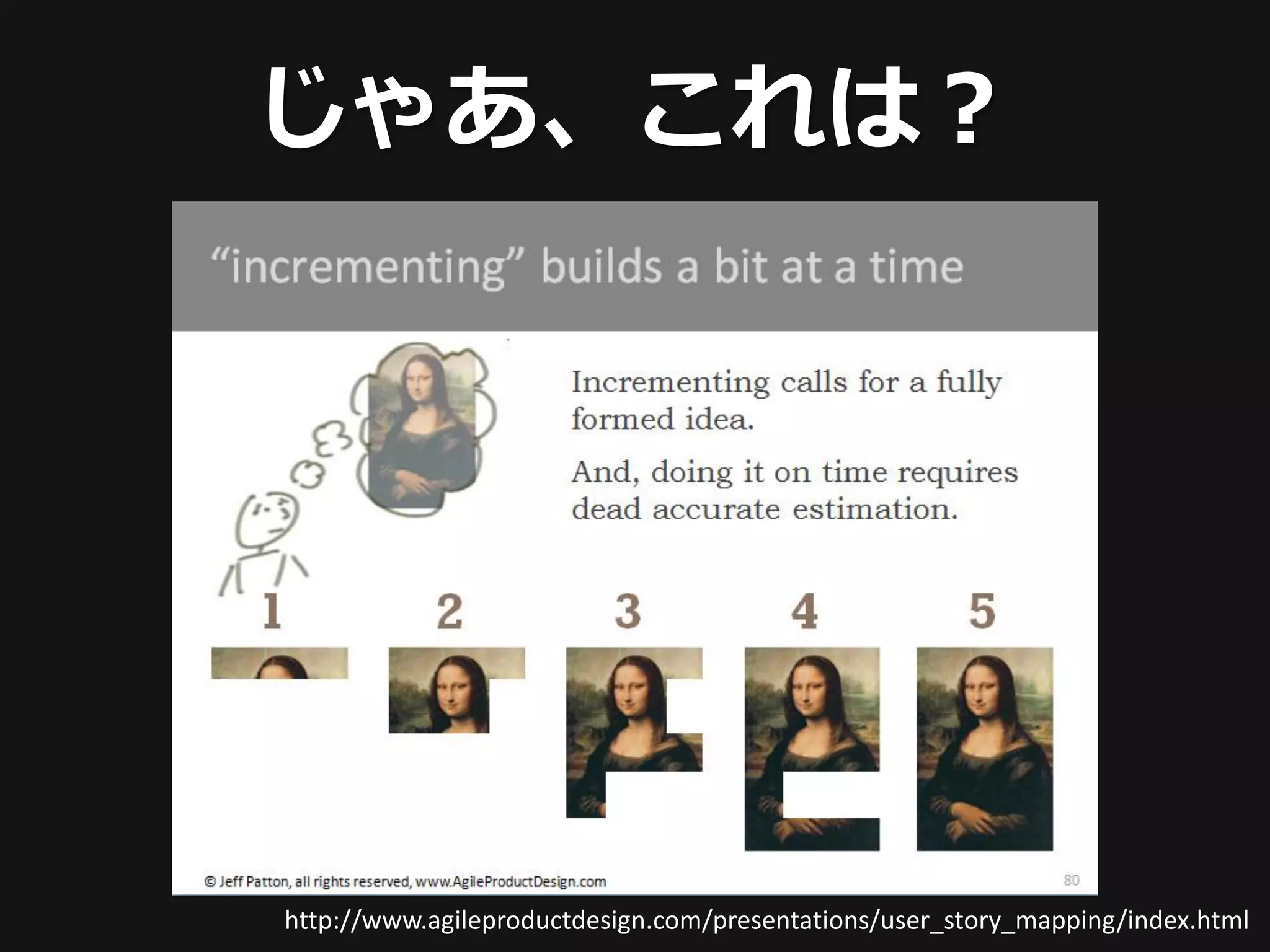 じゃあ、これは？




http://www.agileproductdesign.com/presentations/user_story_mapping/index.html
 