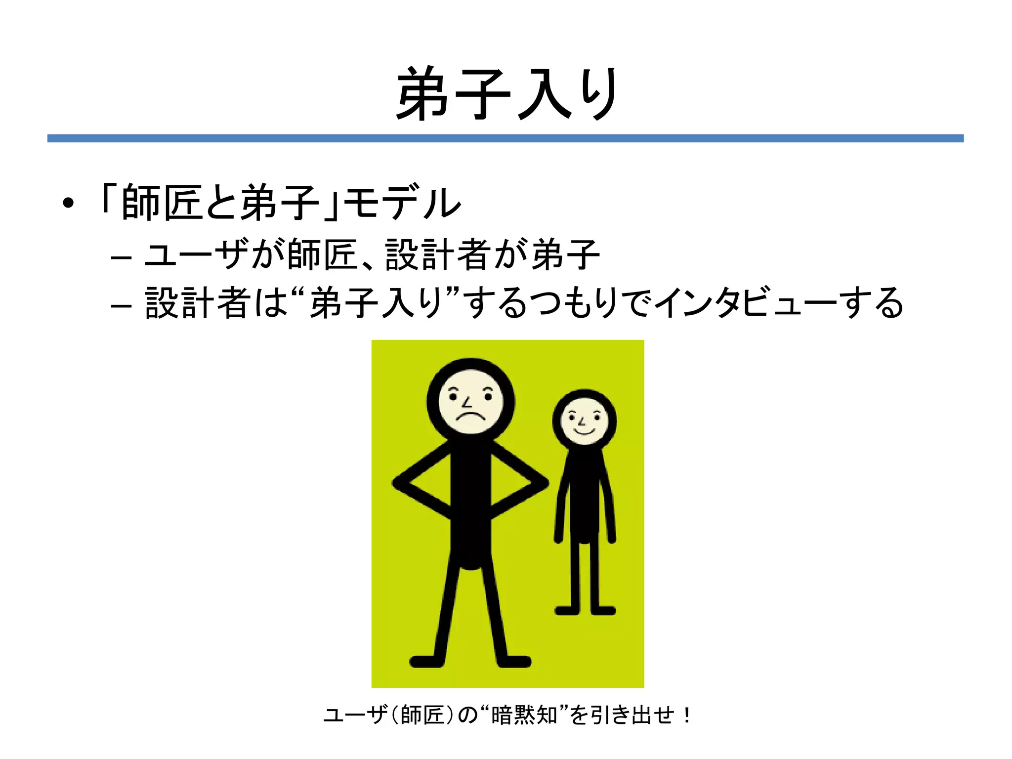 弟子入り
• 「師匠と弟子」モデル
 – ユーザが師匠、設計者が弟子
 – 設計者は“弟子入り”するつもりでインタビューする




       ユーザ（師匠）の“暗黙知”を引き出せ！
 