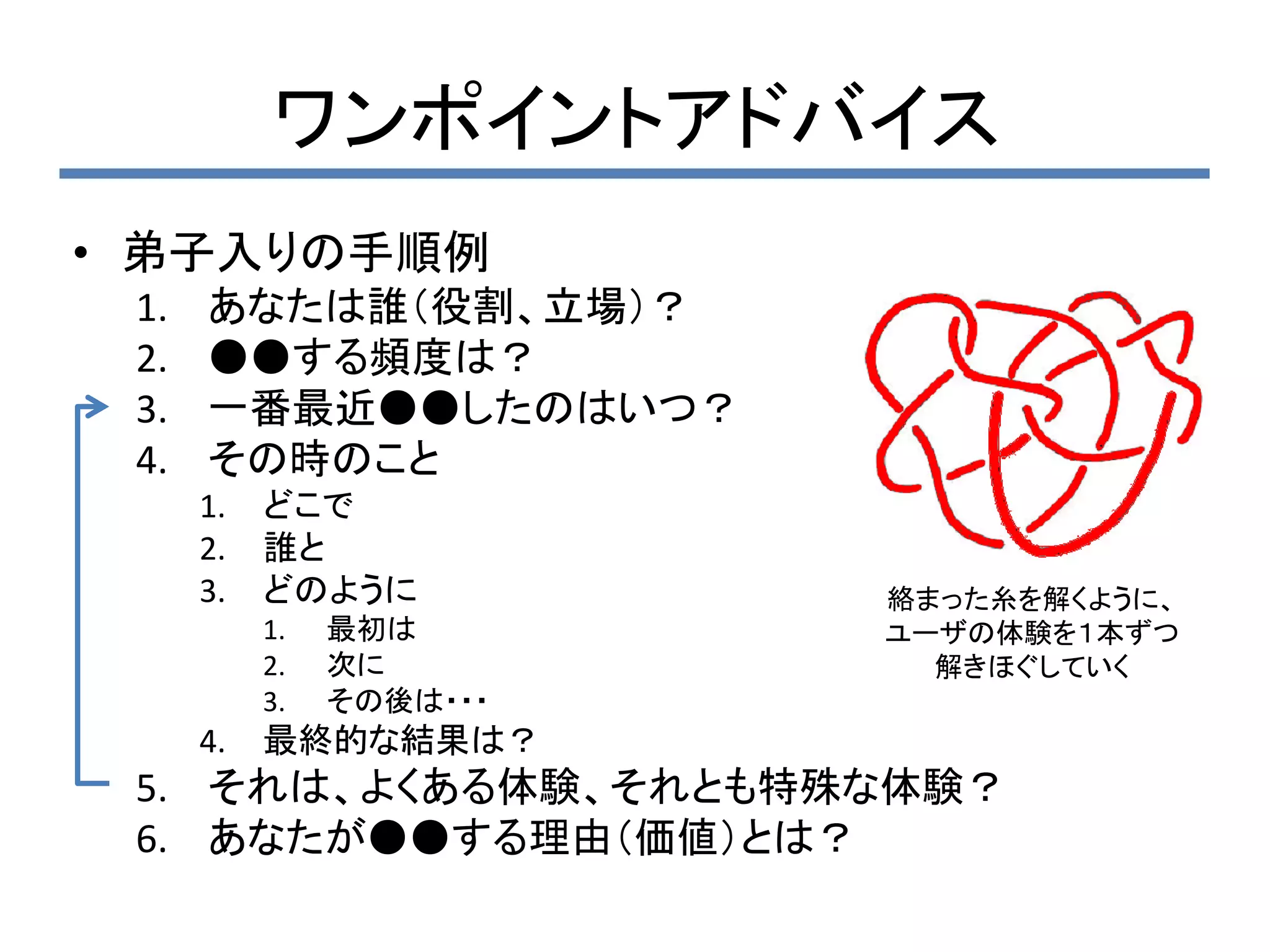 ワンポイントアドバイス
• 弟子入りの手順例
 1.   あなたは誰（役割、立場）？
 2.   ●●する頻度は？
 3.   一番最近●●したのはいつ？
 4.   その時のこと
      1.   どこで
      2.   誰と
      3.   どのように          絡まった糸を解くように、
           1.   最初は       ユーザの体験を１本ずつ
           2.   次に          解きほぐしていく
           3.   その後は・・・
      4.   最終的な結果は？
 5. それは、よくある体験、それとも特殊な体験？
 6. あなたが●●する理由（価値）とは？
 
