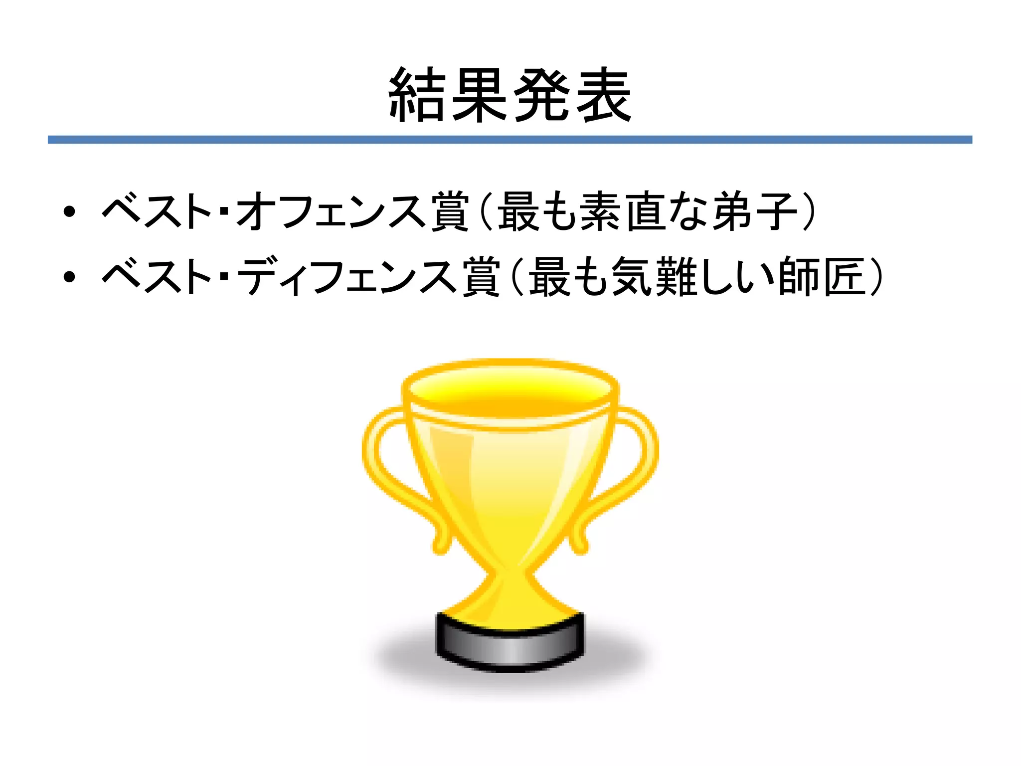結果発表
• ベスト・オフェンス賞（最も素直な弟子）
• ベスト・ディフェンス賞（最も気難しい師匠）
 