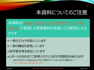 Agile Japan 2016 Nagasaki satellite with NaITE
本資料についてのご注意
本資料は「Agile Japan 2016 長崎サテライト with
NaITE」で使用した発表資料を見直して公開用としたも
...