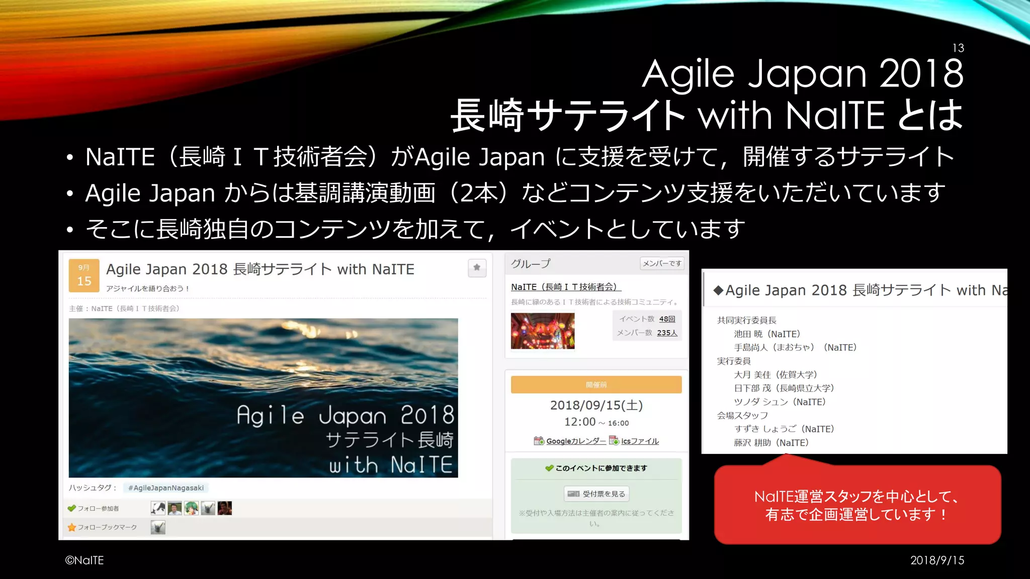 Agile Japan 2018
長崎サテライト with NaITE とは
• NaITE（長崎ＩＴ技術者会）がAgile Japan に支援を受けて，開催するサテライト
• Agile Japan からは基調講演動画（2本）などコンテンツ支援をいただいています
• そこに長崎独自のコンテンツを加えて，イベントとしています
2018/9/15©NaITE
13
NaITE運営スタッフを中心として、
有志で企画運営しています！
 