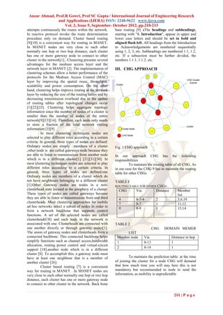 Anzar Ahmad, Prof.R Gowri, Prof SC Gupta / International Journal of Engineering Research
               and Applications (IJERA) ISSN: 2248-9622 www.ijera.com
                   Vol. 2, Issue 5, September- October 2012, pp.210-213
attempts continuously the routes within the network.       base routing [9] aThe headings and subheadings,
In reactive protocol invoke the route determination        starting with "1. Introduction", appear in upper and
procedure only on demand. Cluster based routing            lower case letters and should be set in bold and
[9][10] is a convenient way for routing in MANET.          aligned flush left. All headings from the Introduction
In MANET nodes are very close to each other                to Acknowledgements are numbered sequentially
normally one hop or two hop distance, each cluster         using 1, 2, 3, etc. Subheadings are numbered 1.1, 1.2,
has one or more gateway node to connect to other           etc. If a subsection must be further divided, the
cluster in the network[1].. Clustering presents several    numbers 1.1.1, 1.1.2, etc.
advantages for the medium access layer and the
network layer in MANET [2]. The implementation of          III. CHG APPROACH
clustering schemes allow a better performance of the
                                                                                                      6
protocols for the Medium Access Control (MAC)                                              5
                                                                                                                                  CHG Cluster
layer by improving the spatial reuse, throughput,                                                                                   Subnet
                                                           Cluster
scalability and power consumption. On the other                                                4                         11
hand, clustering helps improve routing at the network                                            10
layer by reducing the size of the routing tables and by
decreasing transmission overhead due to the update                                                            7
                                                                     2                9
of routing tables after topological changes occur                                                                                12
[1][22][23]. Clustering helps aggregate topology
information since the number of nodes of a cluster is                           3                         8
                                                                 1
smaller than the number of nodes of the entire
network[9][13][14]. Therefore, each node only needs
to store a fraction of the total network routing                                                                                  cluster
                                                                                                                  14
information [3][9].                                              Cluster Node
                                                                                               13
           In most clustering techniques nodes are
                                                                 CHG Node
selected to play different roles according to a certain
criteria. In general, three types of nodes are defined:
Ordinary nodes are simply members of a cluster             Fig. 1 CHG approach
,other node is are called gateways node because they
are able to listen to transmissions from another node      In our approach CHG has the following
which is in a different cluster[1] [21][31][30]. In        responsibilities
most clustering techniques nodes are selected to play                To maintain the routing table of all CHG. As
different roles according to a certain criteria. In        in our case for the CHG 9 has to maintain the routing
general, three types of nodes are defined:one              table for other CHGs
Ordinary nodes are members of a cluster which do
not have neighbours belonging to a different cluster       TABLE I
[1].Other Gateway nodes are nodes in a non-                ROUTING TABLE FOR OTHER CHGS .
clusterhead state located at the periphery of a cluster.     CHG                Via                       Distance            Member
These types of nodes are called gateways because                                                                              list
they are able to listen to transmissions from and third      4                  8-7-4                     2                   5,6,10
clusterheads .Most clustering approaches for mobile          7                  8-7                       1                   11,12
ad hoc networks select a subset of nodes in order to
                                                             9                  8-9                       1                   13,14
form a network backbone that supports control
functions. A set of the selected nodes are called
clusterhead(CH) and each node in the network is
associated with one. Clusterheads are connected with       TABLE 2
one another directly or through gateway nodes[1].                                                CHG              DOMAIN MEMER
The union of gateway nodes and clusterheads form a               LIST
connected backbone. This connected backbone helps           Member node                   Via                          Distance in hop
simplify functions such as channel access,bandwidth         1                             8-13                         1
allocation, routing power control and virtual-circuit
                                                            2                             8-14                         1
support [18].another node which is in a different
cluster [8]. To accomplish this, a gateway node must
have at least one neighbour that is a member of                     To maintain the prediction table: at the time
another cluster [26].                                      of joining the cluster for a node CHG will demand
           Cluster based routing [7] is a convenient       that how much time you will stay here this is not
way for routing in MANET . In MANET nodes are              mandatory but recommended to node to send the
very close to each other normally one hop or two hop       information, as mobility is unpredictable
distance, each cluster has one or more gateway node
to connect to other cluster in the network. Back bone


                                                                                                                        211 | P a g e
 