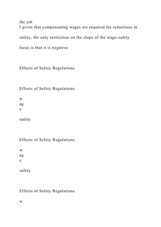 the job
I given that compensating wages are required for reductions in
safety, the only restriction on the slope of the wage-safety
locus is that it is negative
Effects of Safety Regulations
Effects of Safety Regulations
w
ag
e
safety
Effects of Safety Regulations
w
ag
e
safety
Effects of Safety Regulations
w
 