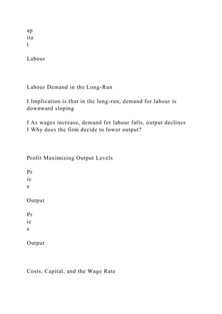 ap
ita
l
Labour
Labour Demand in the Long-Run
I Implication is that in the long-run, demand for labour is
downward sloping
I As wages increase, demand for labour falls, output declines
I Why does the firm decide to lower output?
Profit Maximizing Output Levels
Pr
ic
e
Output
Pr
ic
e
Output
Costs, Capital, and the Wage Rate
 
