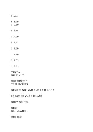 $12.71
$15.00
$12.50
$11.65
$14.00
$11.32
$11.50
$11.40
$11.55
$12.25
YUKON
NUNAVUT
NORTHWEST
TERRITORIES
NEWFOUNDLAND AND LABRADOR
PRINCE EDWARD ISLAND
NOVA SCOTIA
NEW
BRUNSWICK
QUEBEC
 