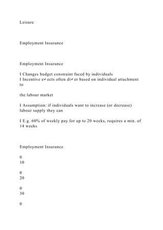 Leisure
Employment Insurance
Employment Insurance
I Changes budget constraint faced by individuals
I Incentive e↵ ects often di↵ er based on individual attachment
to
the labour market
I Assumption: if individuals want to increase (or decrease)
labour supply they can
I E.g. 60% of weekly pay for up to 20 weeks, requires a min. of
14 weeks
Employment Insurance
0
10
0
20
0
30
0
 