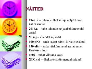 NNÄÄIITTEEDD 
 1948. a – tuhande üheksasaja neljakümne 
kaheksandal 
 2014.a – kahe tuhande neljateistkümnendal 
aastal 
 V. saj – viiendal sajandil 
 100 pKr – sada aastat pärast Kristuste sündi 
 150 eKr – sada viiskümmend aastat enne 
Kristuse sündi 
 1502 – tuhat viissada kaks 
 XIX. saj – üheksateistkümnendal sajandil 
 