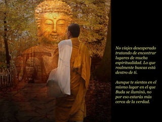 No viajes desesperado tratando de encontrar lugares de mucha espiritualidad. Lo que realmente buscas está dentro de ti. Aunque te sientes en el mismo lugar en el que Buda se iluminó, no por eso estarás más cerca de la verdad. 