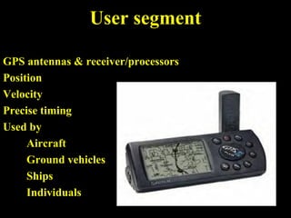 User segment
GPS antennas & receiver/processors
Position
Velocity
Precise timing
Used by
Aircraft
Ground vehicles
Ships
Individuals
 