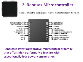 2. Renesas Microcontroller
Renesas offers the most versatile microcontroller families in the world
Renesas is latest automotive microcontroller family
that offers high performance feature with
exceptionally low power consumption
 
