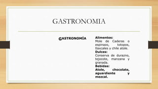 GASTRONOMIA
GASTRONOMÍA Alimentos:
Mole de Caderas o
espinazo, totopos,
tlaxcales y chile atole.
Dulces:
Conserva de durazno,
tejocote, manzana y
granada.
Bebidas:
Atole, chocolate,
aguardiente y
mezcal.
 