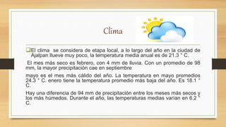 Clima
El clima se considera de etapa local, a lo largo del año en la ciudad de
Ajalpan llueve muy poco, la temperatura media anual es de 21.3 ° C.
El mes más seco es febrero, con 4 mm de lluvia. Con un promedio de 98
mm, la mayor precipitación cae en septiembre
mayo es el mes más cálido del año. La temperatura en mayo promedios
24.3 ° C. enero tiene la temperatura promedio más baja del año. Es 18.1 °
C.
Hay una diferencia de 94 mm de precipitación entre los meses más secos y
los más húmedos. Durante el año, las temperaturas medias varían en 6.2 °
C.
 