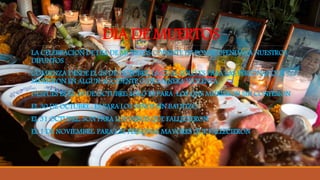 DIA DE MUERTOS
LA CELEBRACION DE DIA DE MUERTOS CONSISTE EN PONER OFENDAS A NUESTROS
DIFUNTOS .
COMIENZA DESDE EL 28 DE OCTUBRE: LA CUAL SOLO ES PARA LAS PERSONAS QUE
MURIERON EN ALGUN ACCIDENTE O DE MANERA VIOLENTA.
DESPUES ES EL 29 DE OCTUBRE: SOLO ES PARA LOS QUE MURIERON SIN CONFESION
EL 30 DE OCTUBRE : ES PARA LOS NIÑOS SIN BAUTIZO.
EL 31 OCTUBRE: SON PARA LOS NIÑOS QUE FALLECIERON.
EL 1 DE NOVIEMBRE: PARA LAS PERSONAS MAYORES QUE FALLECIERON
 