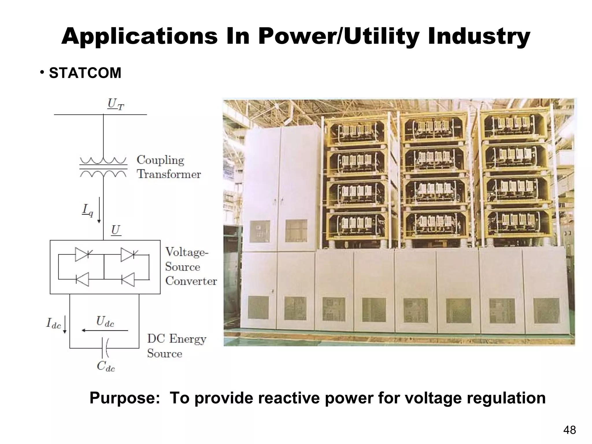 Applications In Power/Utility Industry
• STATCOM

Purpose: To provide reactive power for voltage regulation
48

 