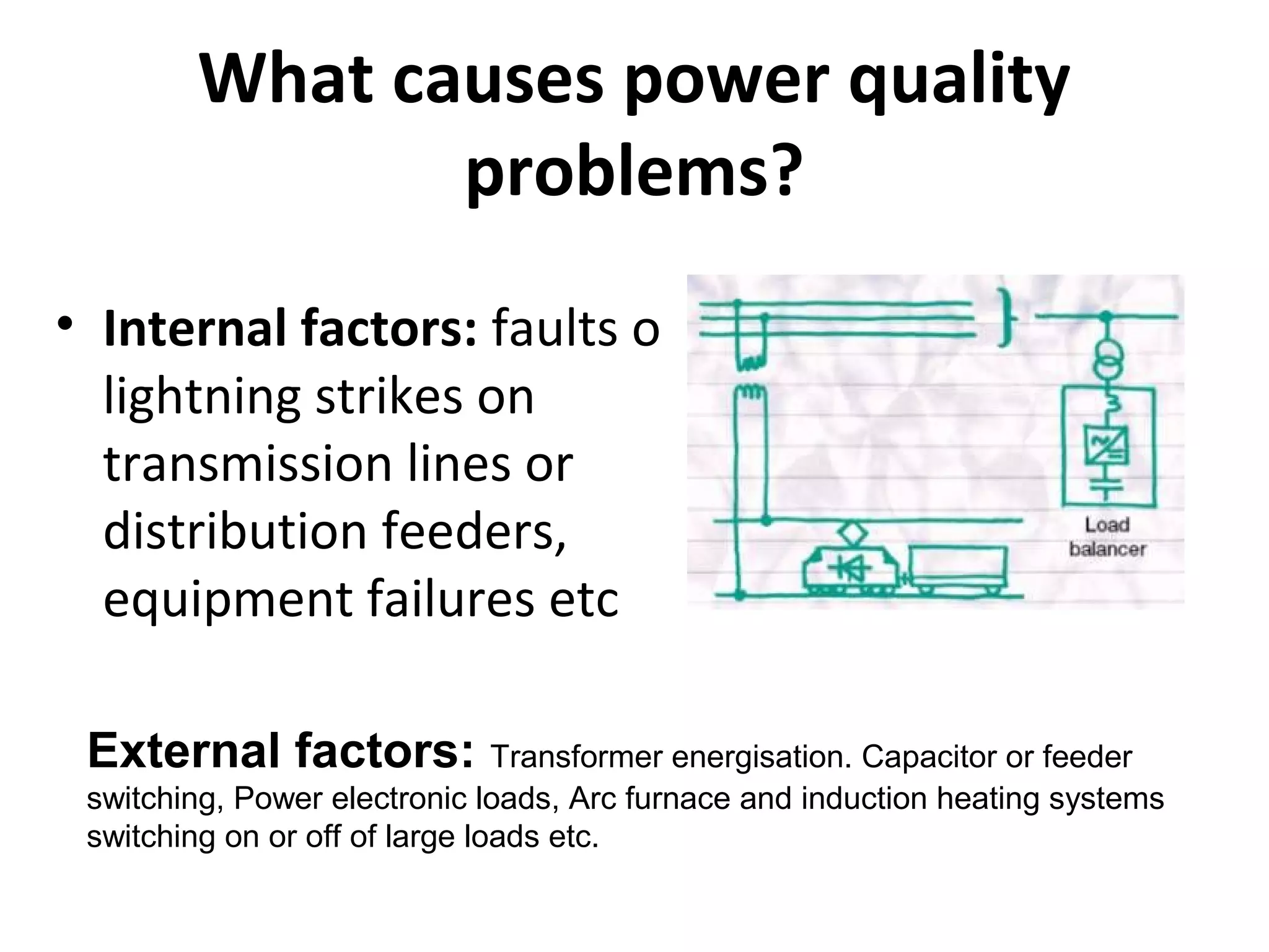 What causes power quality
problems?
• Internal factors: faults o
lightning strikes on
transmission lines or
distribution feeders,
equipment failures etc
External factors: Transformer energisation. Capacitor or feeder
switching, Power electronic loads, Arc furnace and induction heating systems
switching on or off of large loads etc.

 